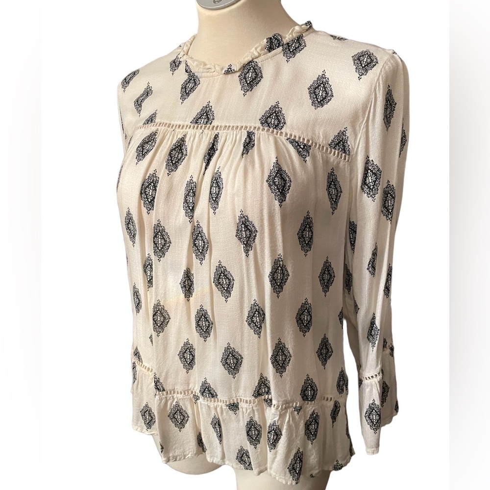 Lucky Brand Women’s Blouse Button Down Back 3/4 Sleeve Beige and Black Pattern L - Picture 4 of 7